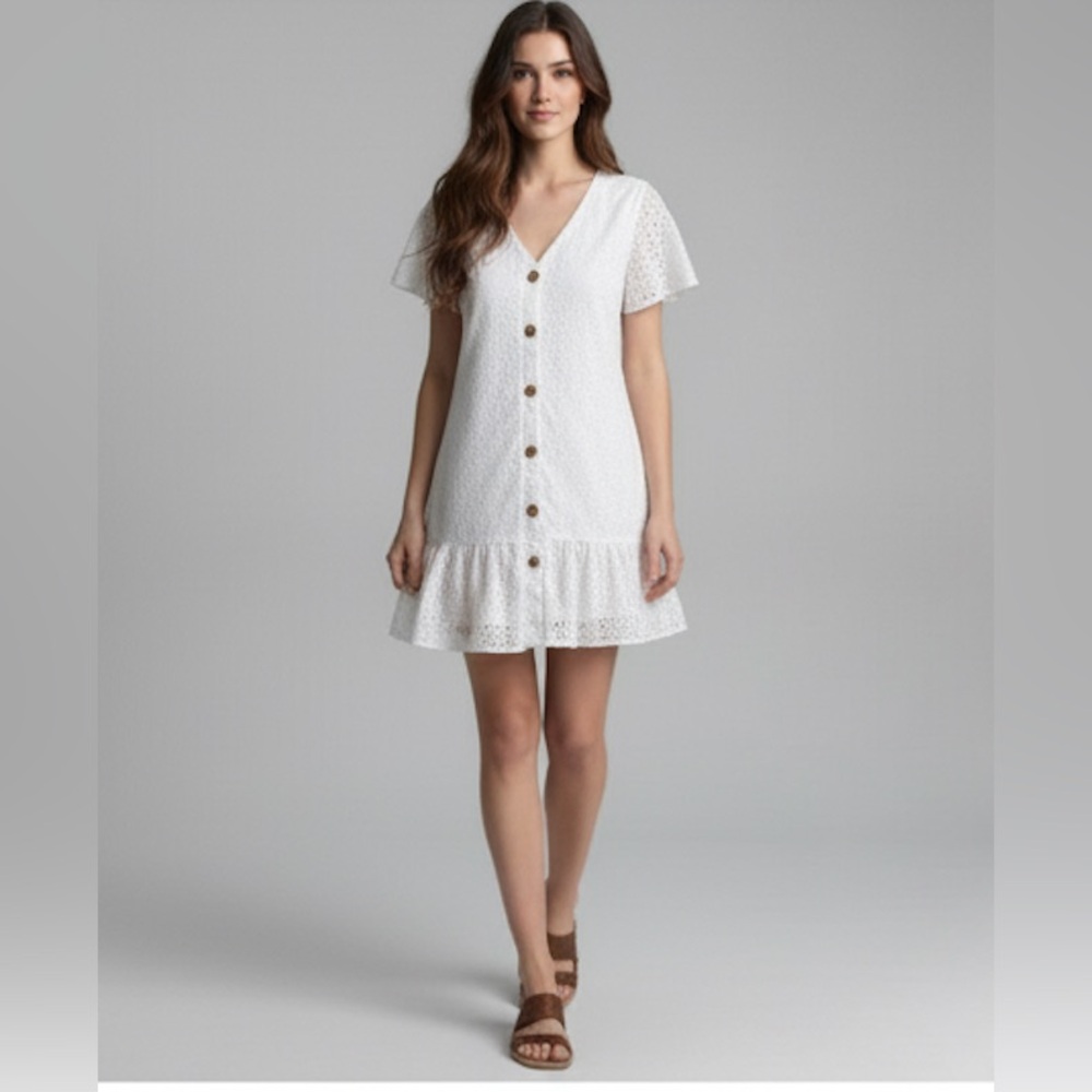 White Eyelet Embroidery Ruffle Hem Smock Dress - Picture 3 of 7